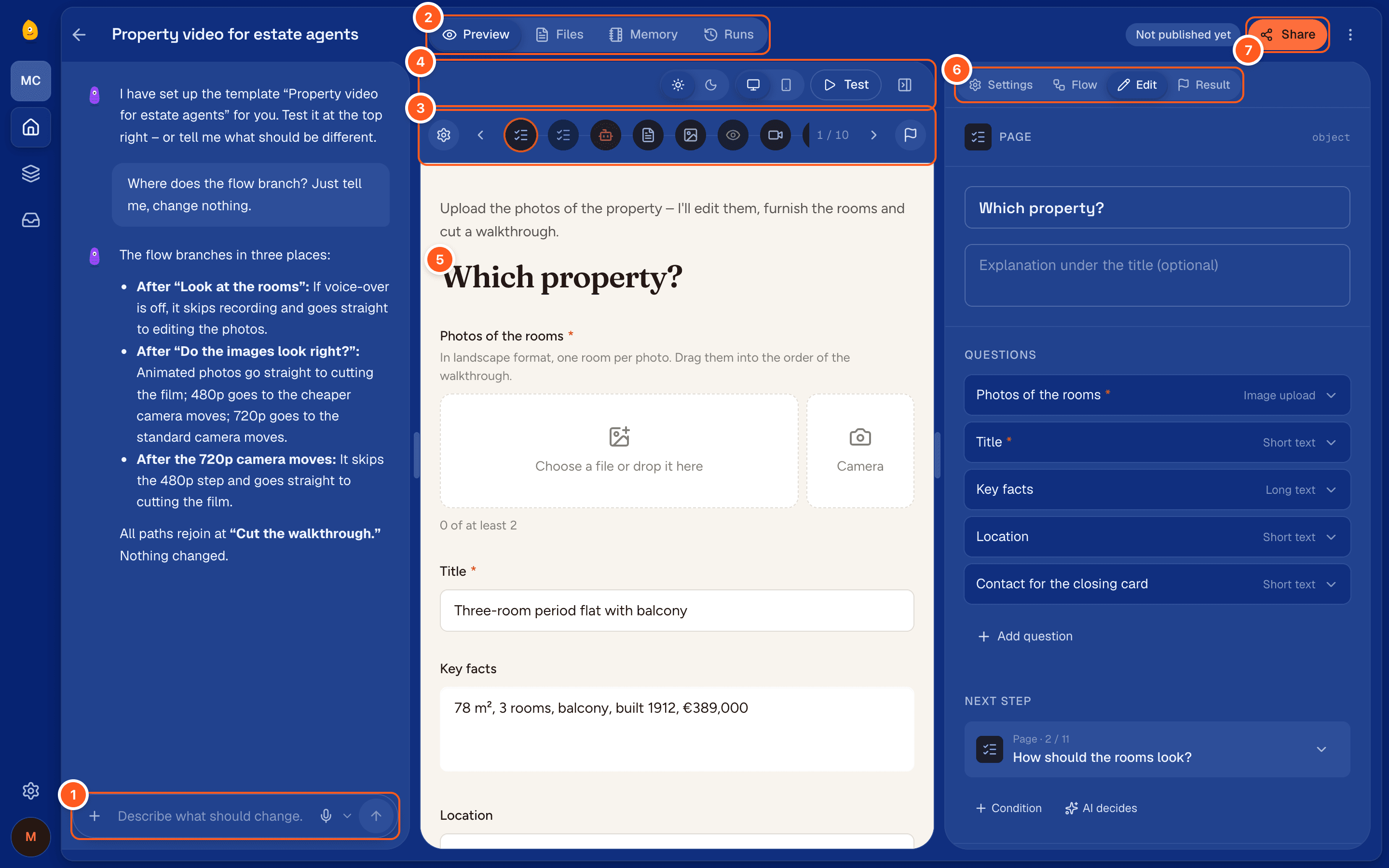 The editor with numbered parts: the chat on the left, the tabs at the top, the row of steps and the preview bar above the preview, the column on the right, and Share