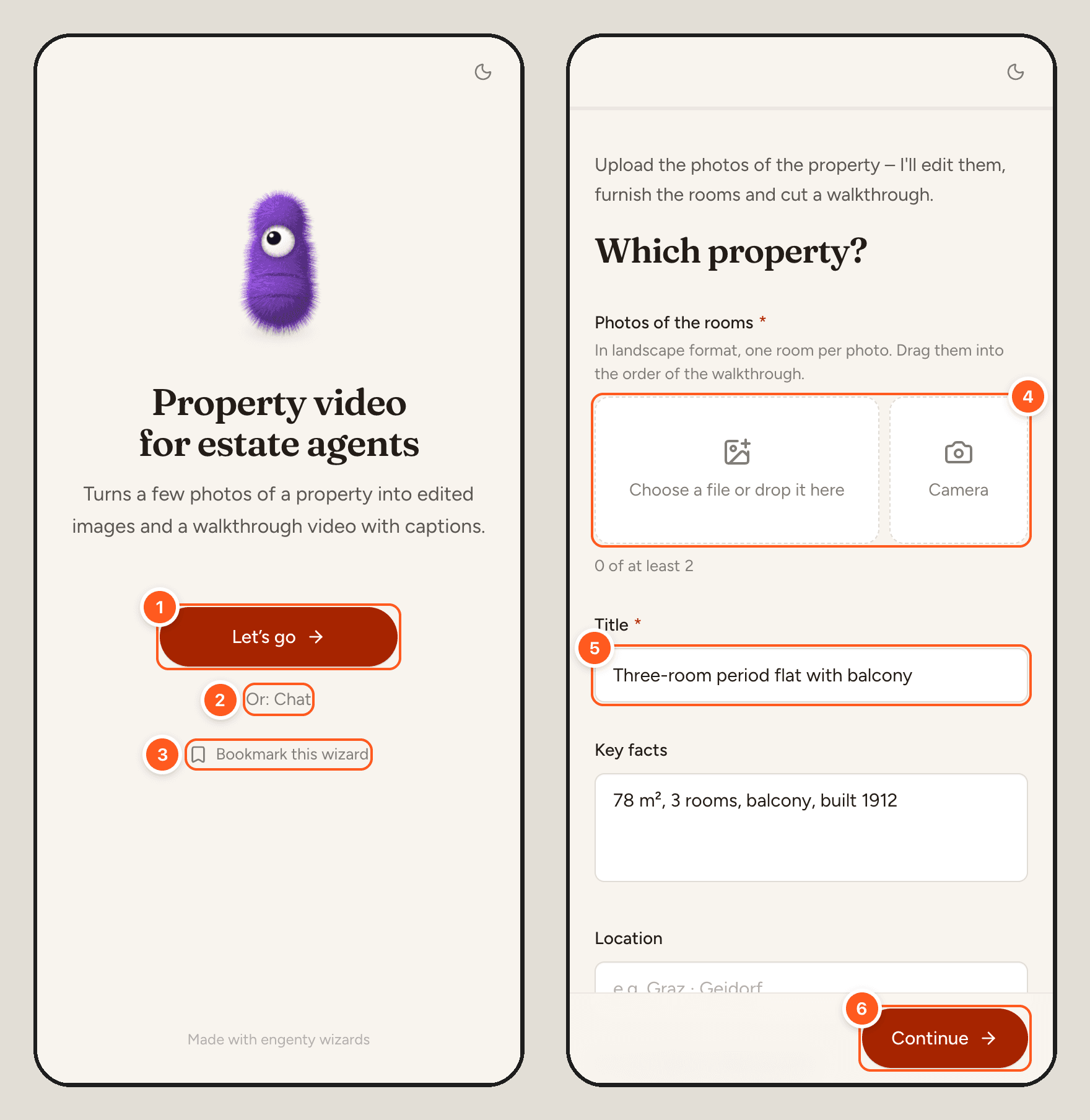 A wizard on a phone with numbered parts: its first screen with “Let’s go”, “Or: Chat” and “Bookmark this wizard”, and its first page with a photo field, a text field and “Continue”
