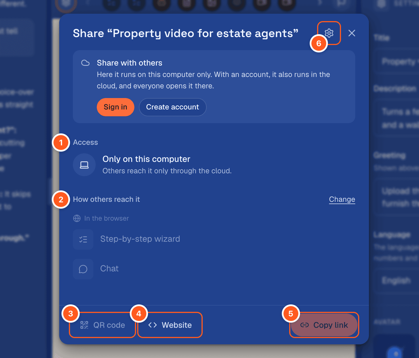 The share dialog with numbered parts: Access, How others reach it, QR code, Website, Copy link and the settings gear. On this computer without an account, a box above offers “Sign in” and “Create account”