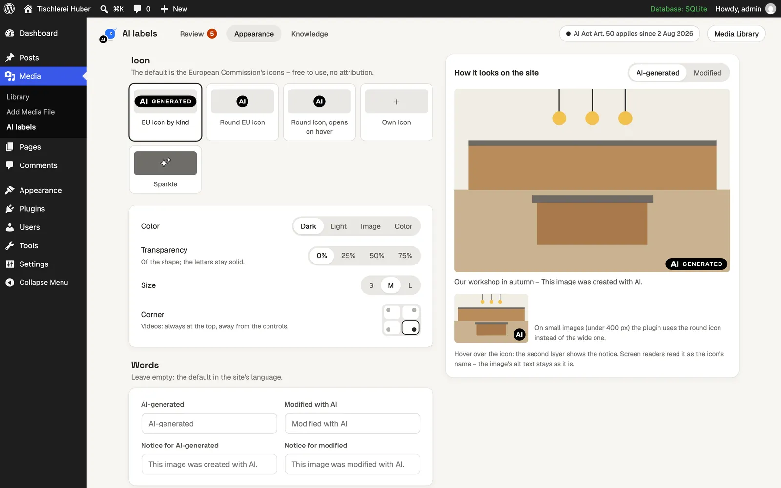 Appearance: icon, colour, transparency, size, corner and words, with a live preview.