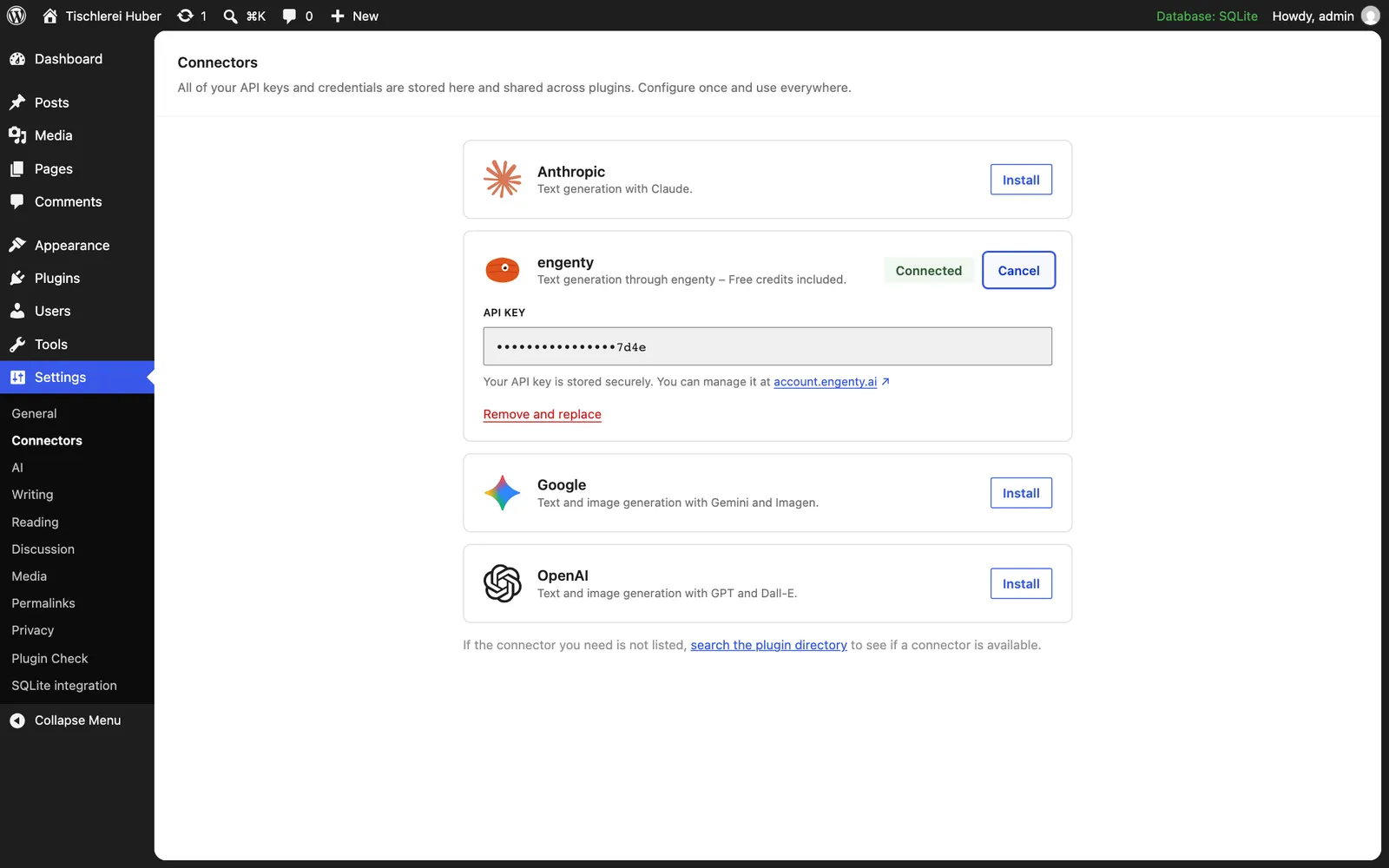 The engenty connector: your API Key, kept by WordPress.