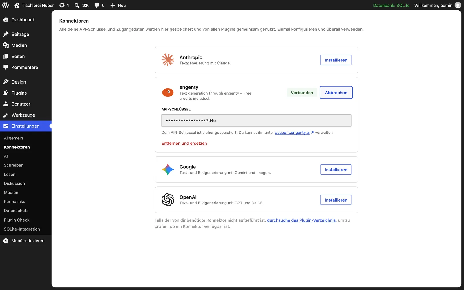 Der Konnektor engenty: dein API-Key, von WordPress verwahrt.