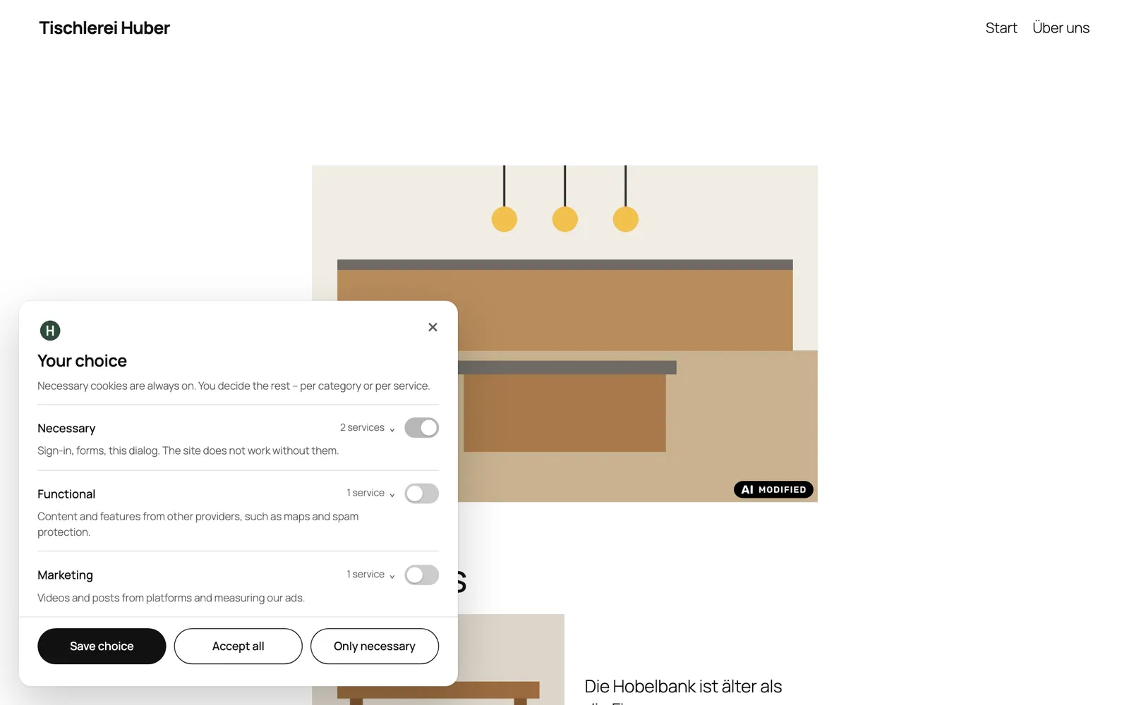 The second layer: categories and services, each to switch on its own.