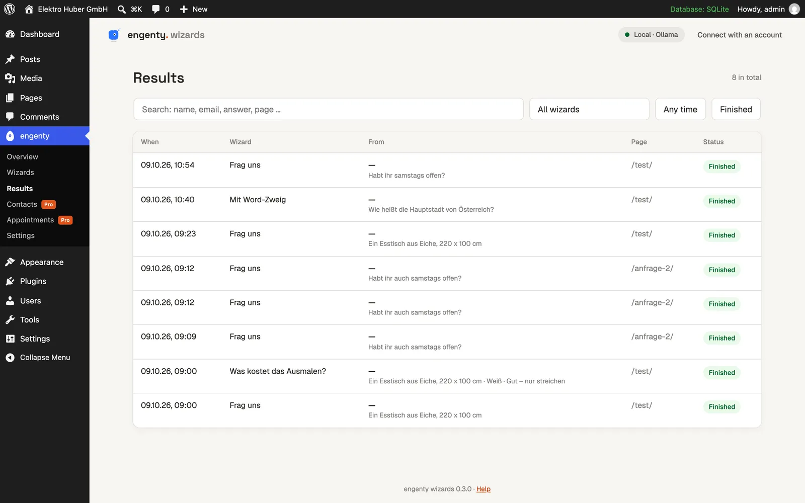 Results in the admin.
