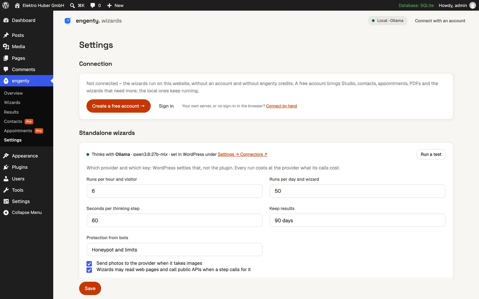 Settings: the provider, limits, tools.
